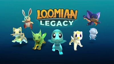 Banner of the Loomian Legacy game, featuring the 7 starter loomians next to the Loomian Legacy logo